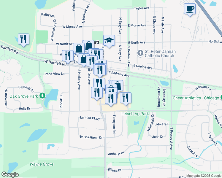map of restaurants, bars, coffee shops, grocery stores, and more near 331 South Main Street in Bartlett