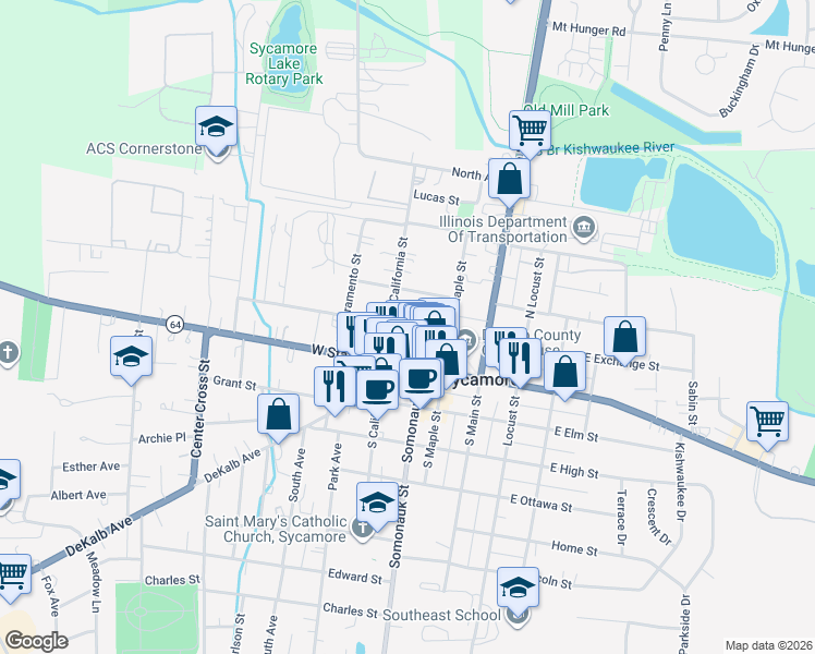 map of restaurants, bars, coffee shops, grocery stores, and more near 252 West Exchange Street in Sycamore