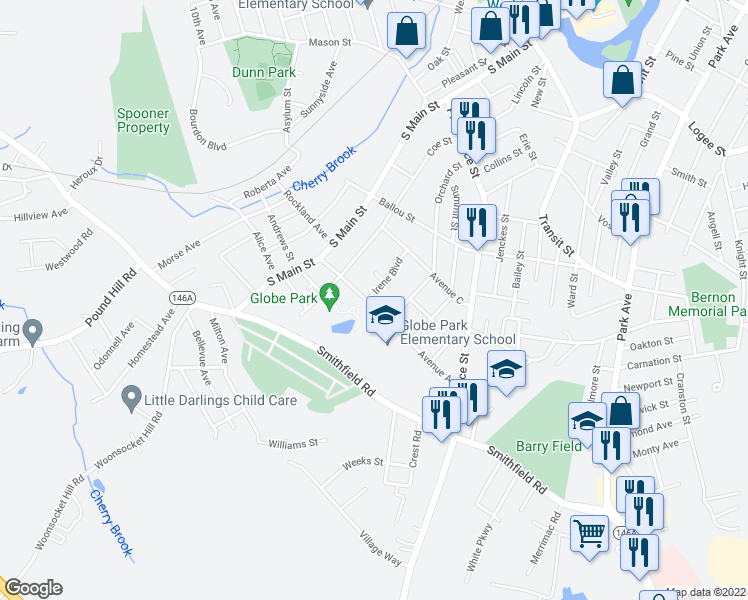 map of restaurants, bars, coffee shops, grocery stores, and more near 279 Avenue A in Woonsocket