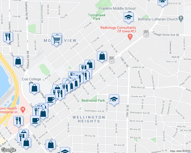 map of restaurants, bars, coffee shops, grocery stores, and more near 1633 1st Avenue Southeast in Cedar Rapids