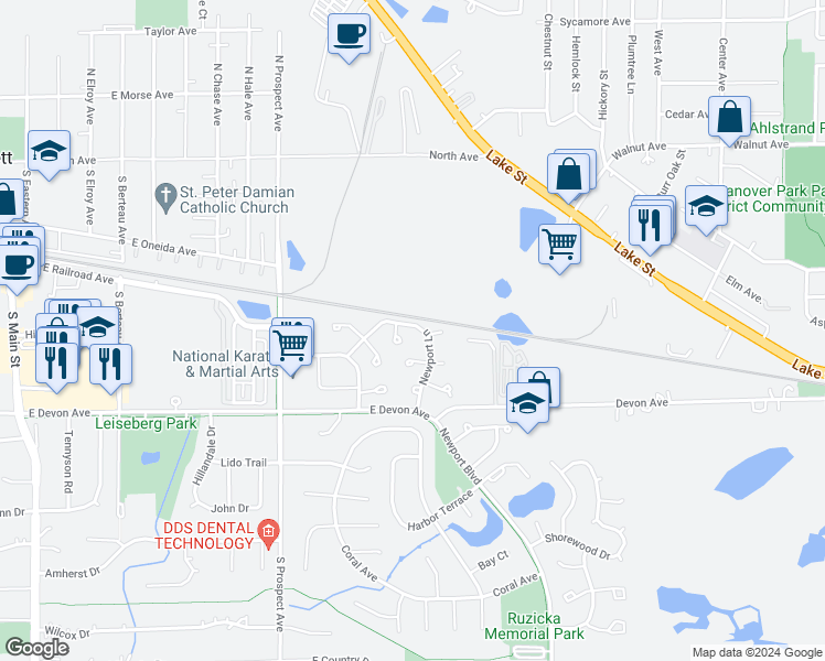 map of restaurants, bars, coffee shops, grocery stores, and more near 322 Newport Lane in Bartlett