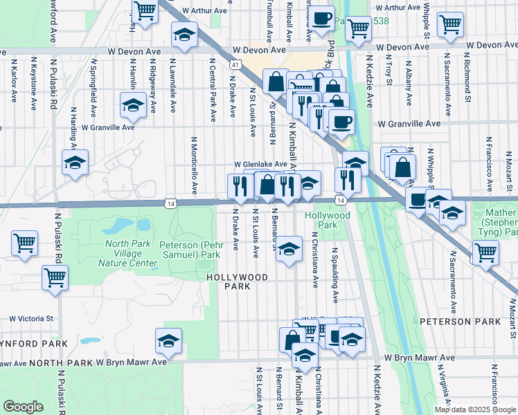 map of restaurants, bars, coffee shops, grocery stores, and more near 5936 North Bernard Street in Chicago
