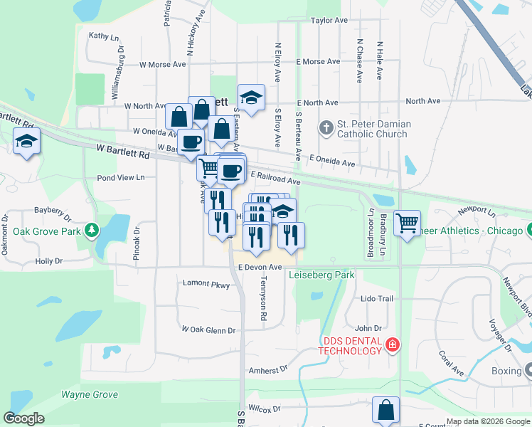 map of restaurants, bars, coffee shops, grocery stores, and more near 141 Hillcrest Lane in Bartlett