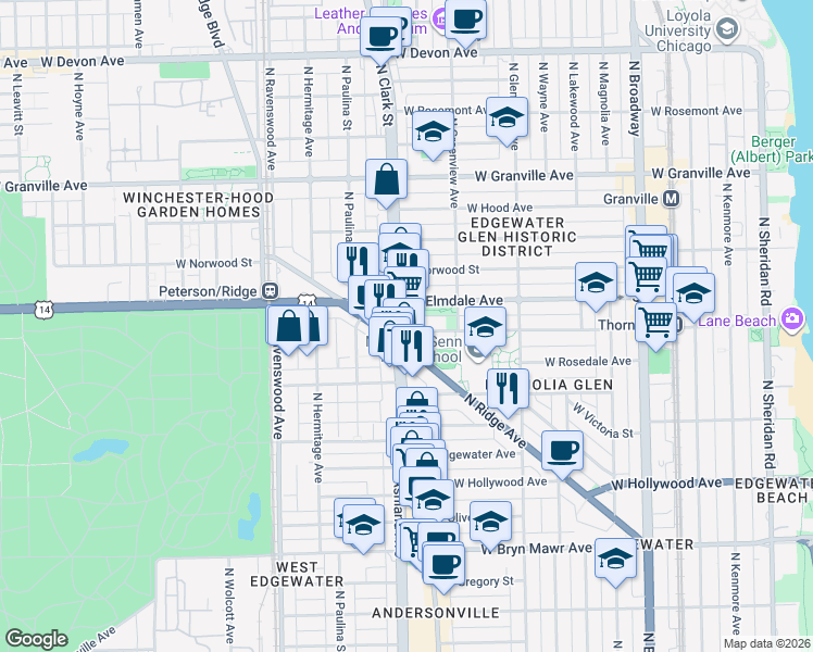 map of restaurants, bars, coffee shops, grocery stores, and more near 1529 West Thorndale Avenue in Chicago