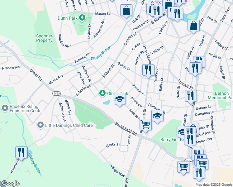 map of restaurants, bars, coffee shops, grocery stores, and more near 279 Avenue A in Woonsocket