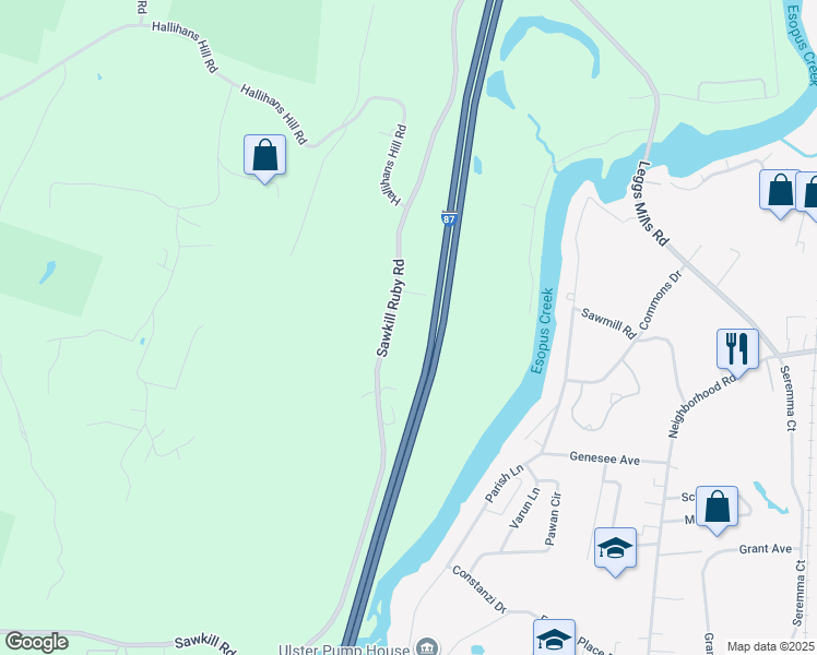 map of restaurants, bars, coffee shops, grocery stores, and more near 2076 Sawkill Ruby Road in Kingston