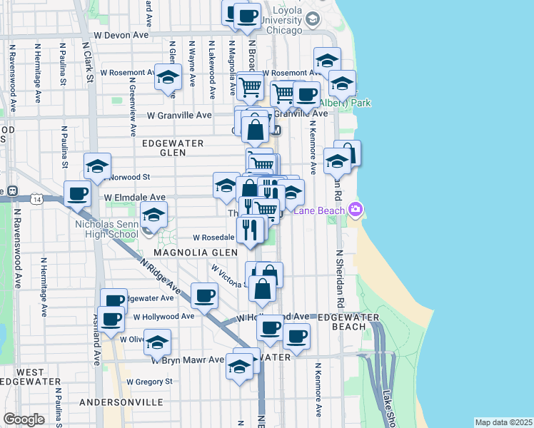 map of restaurants, bars, coffee shops, grocery stores, and more near 5917 North Broadway in Chicago