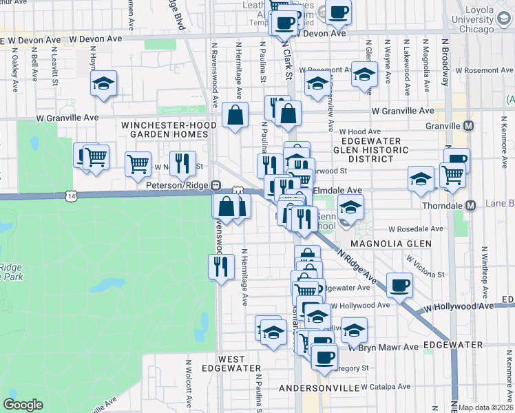 map of restaurants, bars, coffee shops, grocery stores, and more near 5936 North Paulina Street in Chicago
