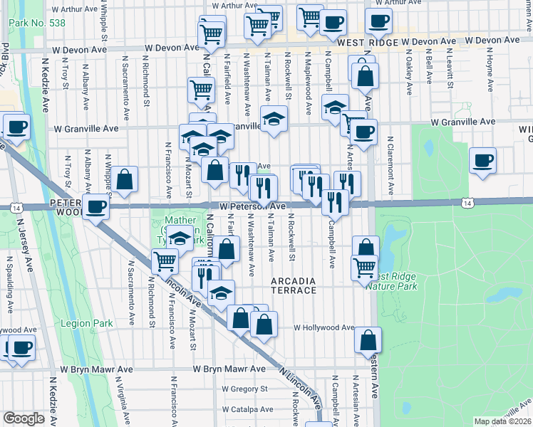 map of restaurants, bars, coffee shops, grocery stores, and more near 5928 North Talman Avenue in Chicago