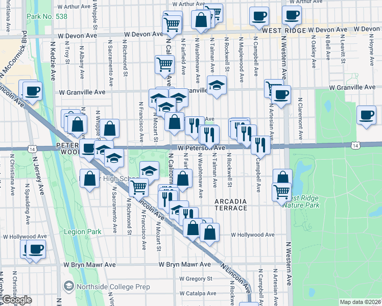 map of restaurants, bars, coffee shops, grocery stores, and more near 5928 North Washtenaw Avenue in Chicago