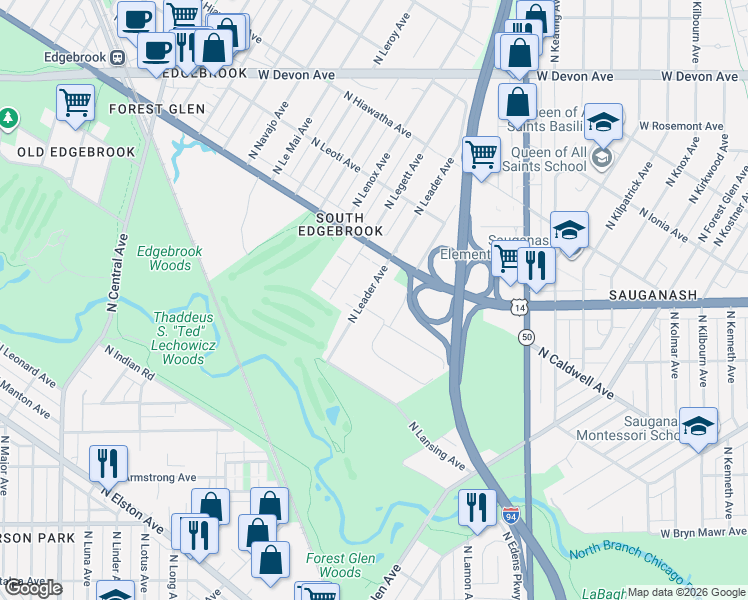 map of restaurants, bars, coffee shops, grocery stores, and more near 5929 North Landers Avenue in Chicago