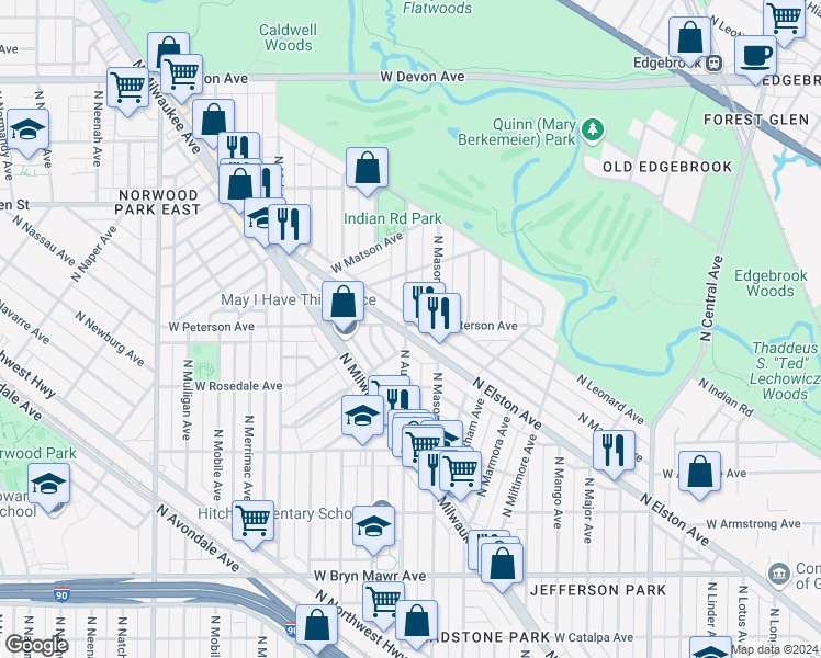 map of restaurants, bars, coffee shops, grocery stores, and more near 5955 North Elston Avenue in Chicago