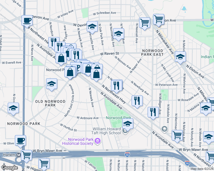 map of restaurants, bars, coffee shops, grocery stores, and more near 5978 North Northwest Highway in Chicago