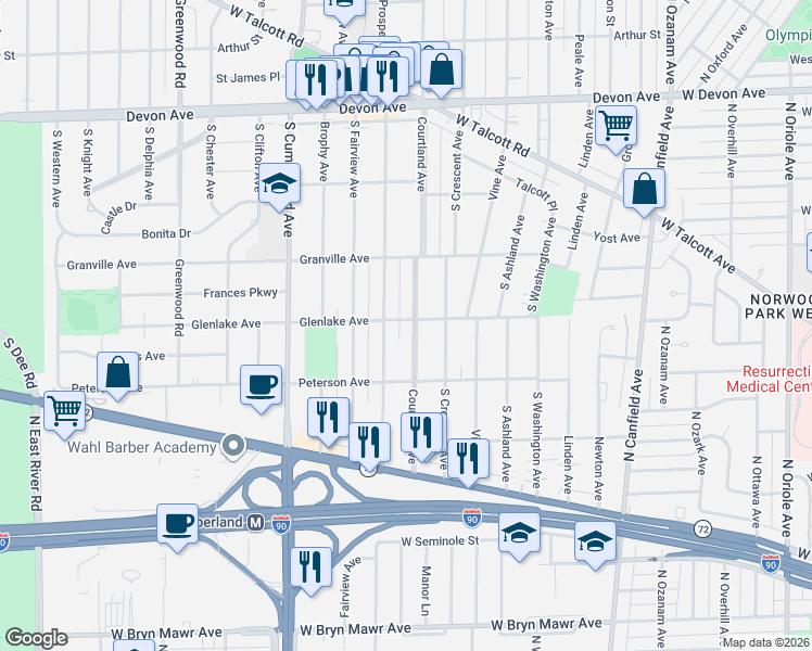 map of restaurants, bars, coffee shops, grocery stores, and more near 1701 South Prospect Avenue in Park Ridge