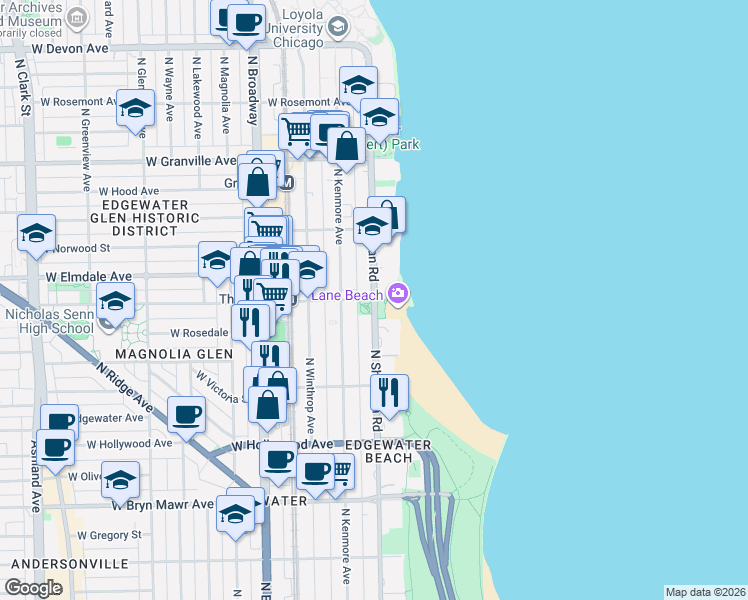 map of restaurants, bars, coffee shops, grocery stores, and more near N Sheridan Rd & W Thorndale Ave in Chicago