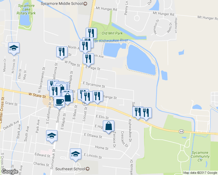 map of restaurants, bars, coffee shops, grocery stores, and more near 336 East Sycamore Street in Sycamore