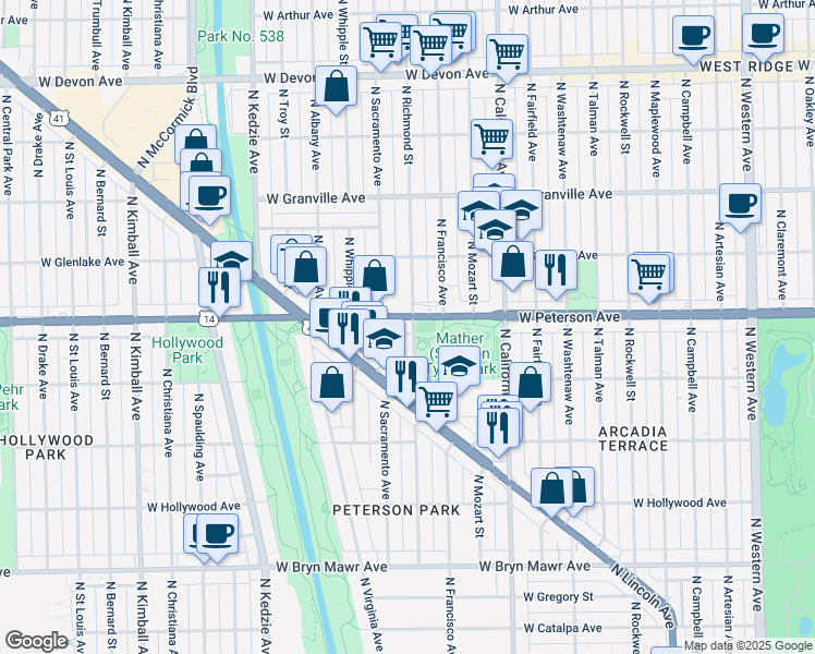 map of restaurants, bars, coffee shops, grocery stores, and more near 5952 North Richmond Street in Chicago