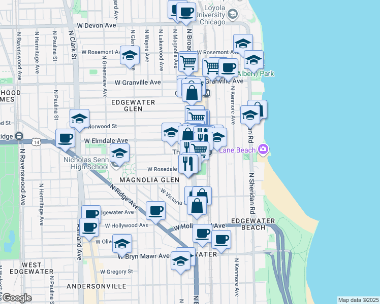 map of restaurants, bars, coffee shops, grocery stores, and more near 1200 West Thorndale Avenue in Chicago