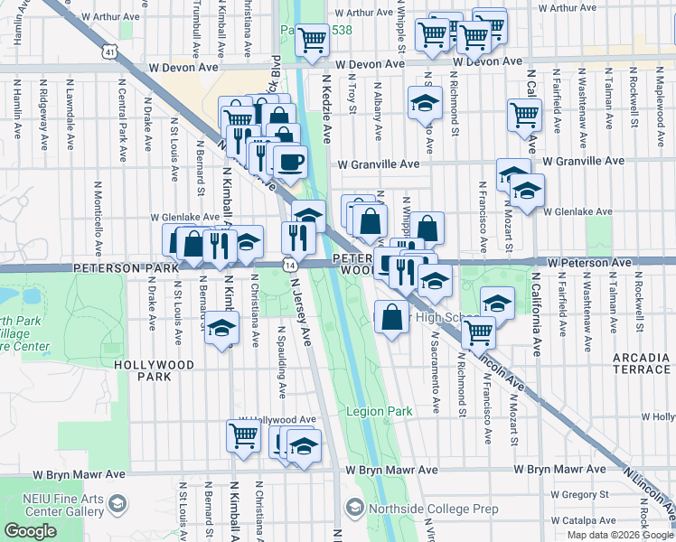 map of restaurants, bars, coffee shops, grocery stores, and more near North Shore Channel Trail in Chicago