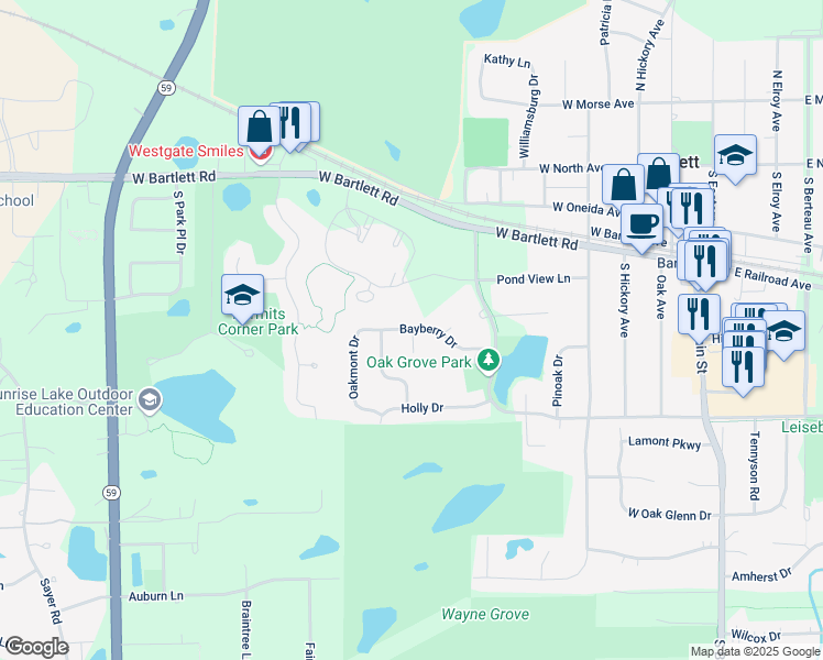 map of restaurants, bars, coffee shops, grocery stores, and more near 309 Oakbrook Court in Bartlett