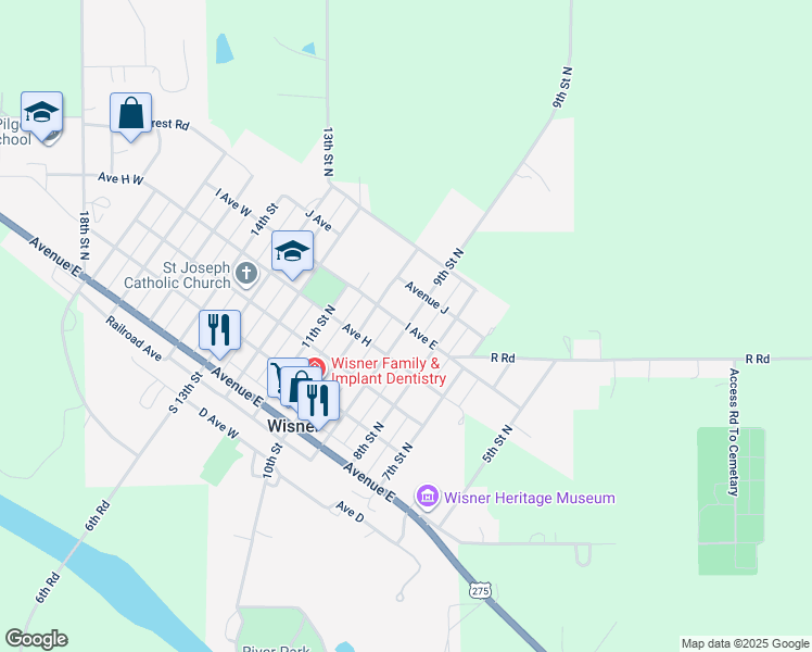 map of restaurants, bars, coffee shops, grocery stores, and more near 899 9th Street North in Wisner