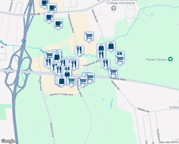 map of restaurants, bars, coffee shops, grocery stores, and more near 55 Hazard Avenue in Enfield