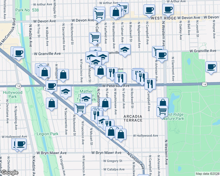map of restaurants, bars, coffee shops, grocery stores, and more near 5928 North Washtenaw Avenue in Chicago
