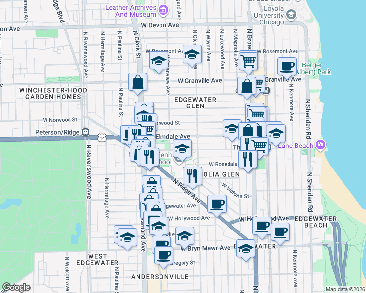 map of restaurants, bars, coffee shops, grocery stores, and more near 1430 West Thorndale Avenue in Chicago