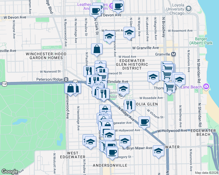 map of restaurants, bars, coffee shops, grocery stores, and more near 1522 West Thorndale Avenue in Chicago
