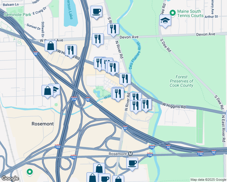map of restaurants, bars, coffee shops, grocery stores, and more near 9446 Glenlake Street in Rosemont
