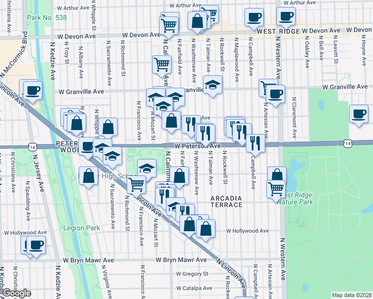 map of restaurants, bars, coffee shops, grocery stores, and more near 5928 North Washtenaw Avenue in Chicago