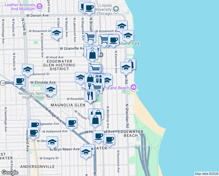 map of restaurants, bars, coffee shops, grocery stores, and more near 5832 North Winthrop Avenue in Chicago