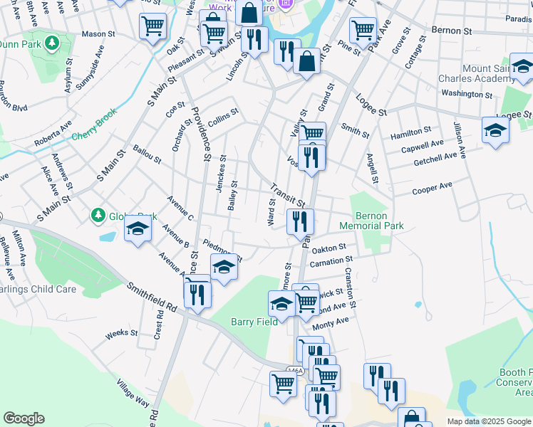 map of restaurants, bars, coffee shops, grocery stores, and more near 120 Kennedy Street in Woonsocket