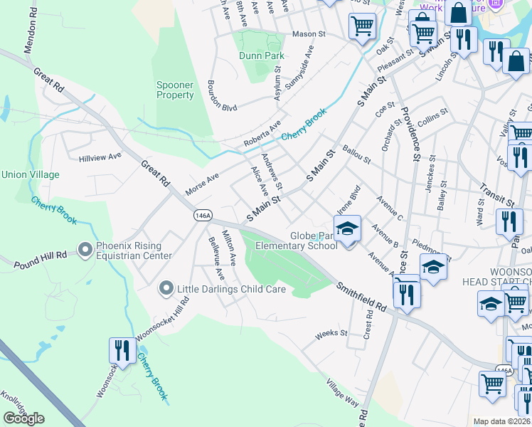 map of restaurants, bars, coffee shops, grocery stores, and more near 46 Smithfield Road in Woonsocket