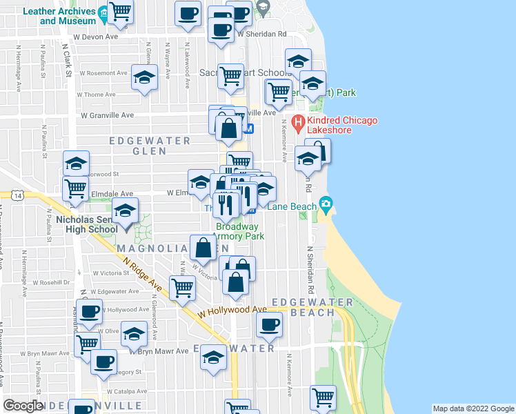 map of restaurants, bars, coffee shops, grocery stores, and more near 5832 North Winthrop Avenue in Chicago