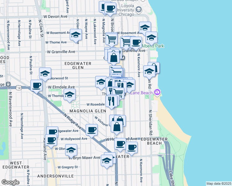 map of restaurants, bars, coffee shops, grocery stores, and more near 5917 North Broadway in Chicago