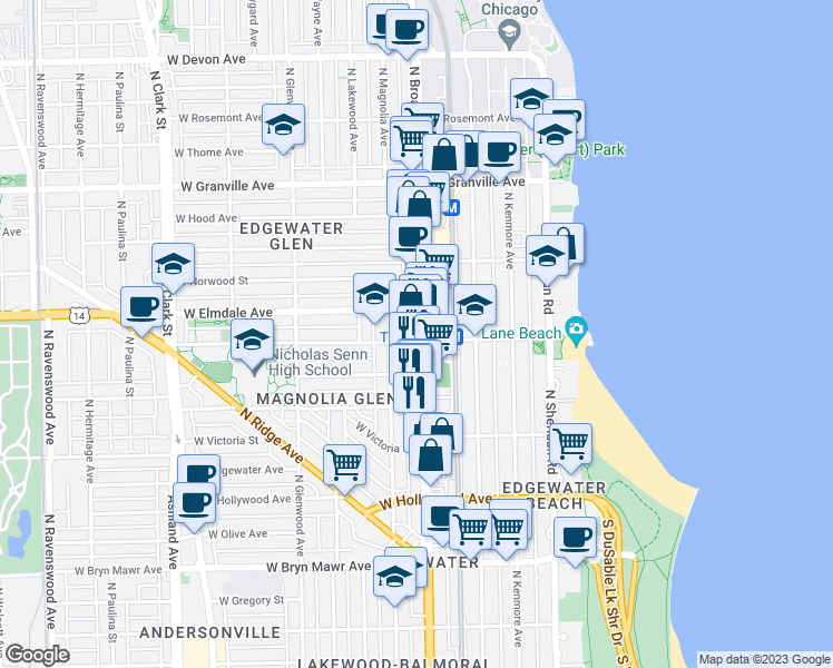 map of restaurants, bars, coffee shops, grocery stores, and more near 5917 North Broadway in Chicago
