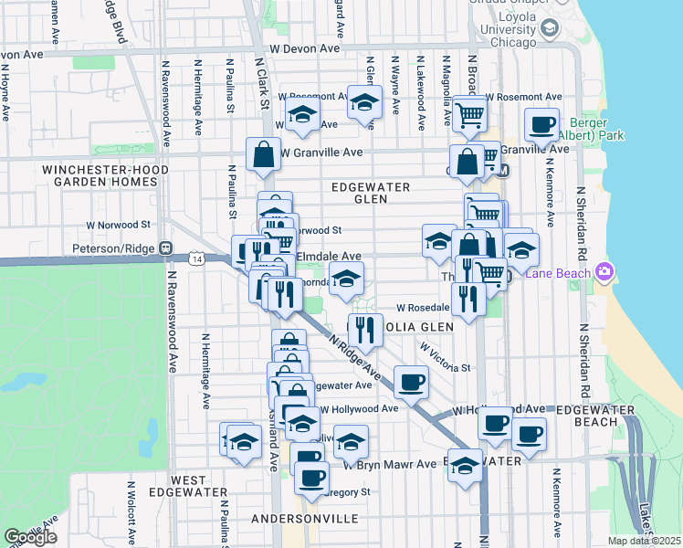 map of restaurants, bars, coffee shops, grocery stores, and more near 5900 North Glenwood Avenue in Chicago