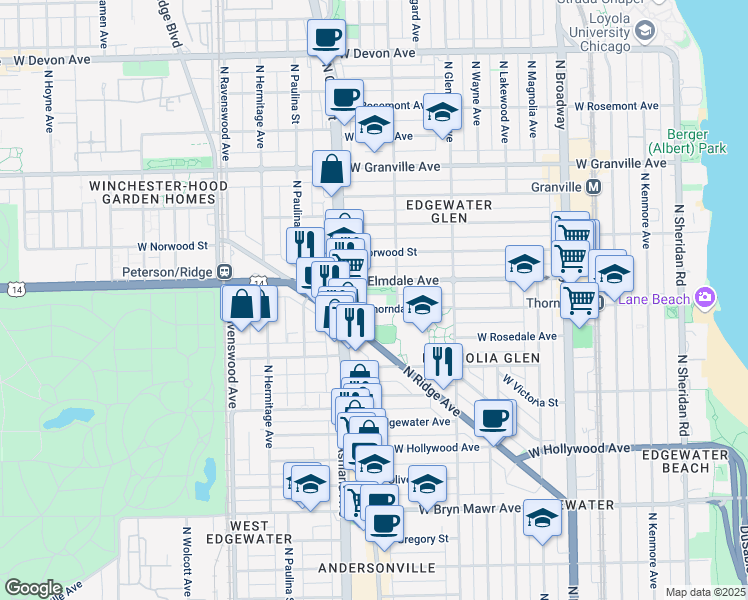 map of restaurants, bars, coffee shops, grocery stores, and more near 1529 West Thorndale Avenue in Chicago