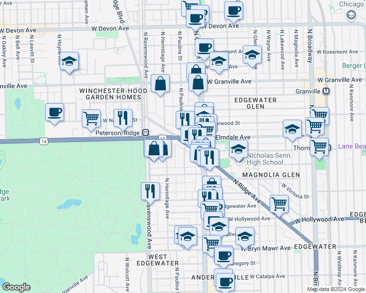 map of restaurants, bars, coffee shops, grocery stores, and more near 5936 North Paulina Street in Chicago