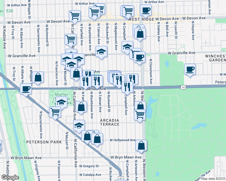 map of restaurants, bars, coffee shops, grocery stores, and more near 5927 North Rockwell Street in Chicago