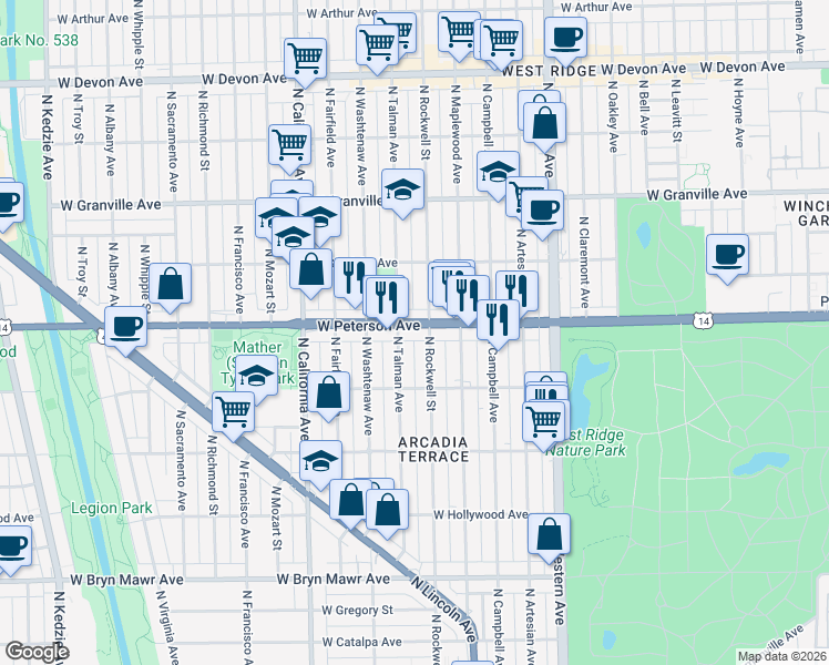 map of restaurants, bars, coffee shops, grocery stores, and more near 5927 North Rockwell Street in Chicago