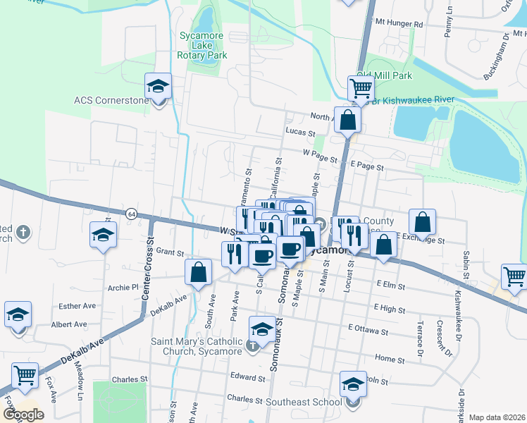 map of restaurants, bars, coffee shops, grocery stores, and more near 425 West State Street in Sycamore