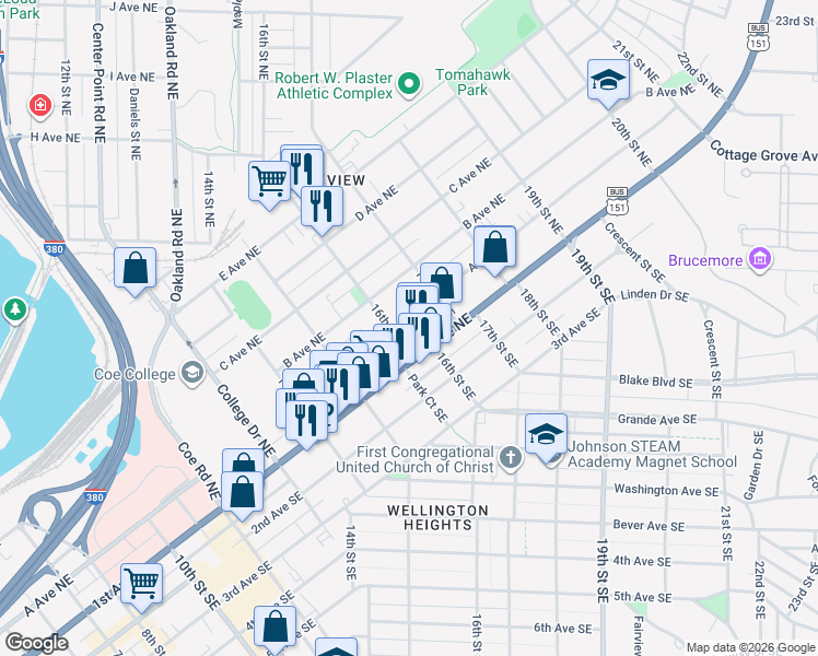 map of restaurants, bars, coffee shops, grocery stores, and more near 1602 1st Avenue Northeast in Cedar Rapids