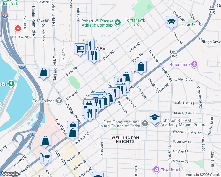 map of restaurants, bars, coffee shops, grocery stores, and more near 1556 1st Avenue Northeast in Cedar Rapids