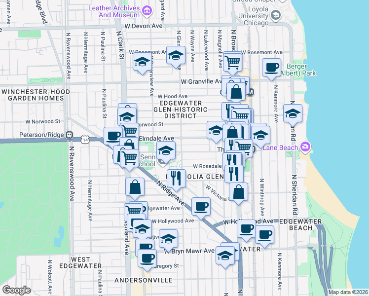map of restaurants, bars, coffee shops, grocery stores, and more near 1356 West Thorndale Avenue in Chicago