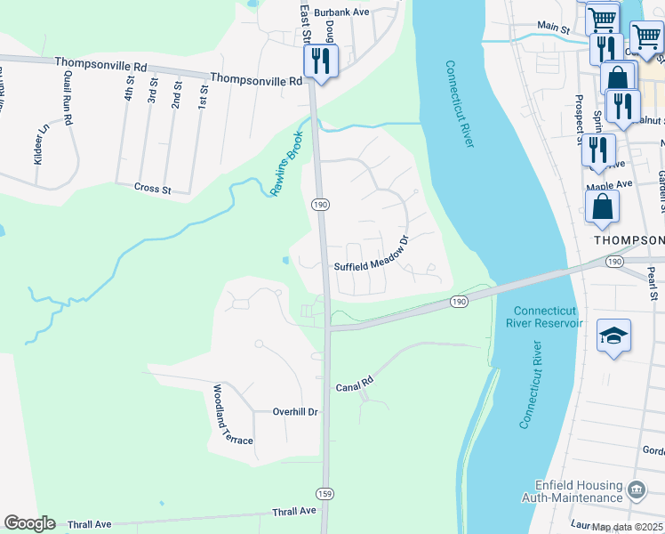 map of restaurants, bars, coffee shops, grocery stores, and more near 12 Suffield Meadow Drive in Suffield