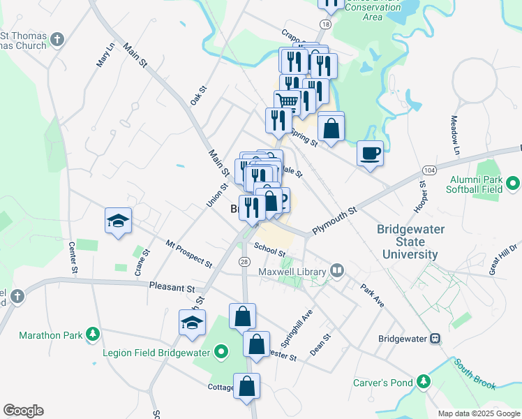 map of restaurants, bars, coffee shops, grocery stores, and more near 33 Main Street in Bridgewater