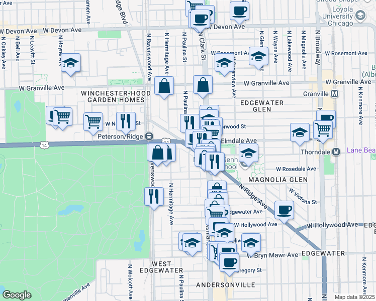 map of restaurants, bars, coffee shops, grocery stores, and more near 5966 North Paulina Street in Chicago
