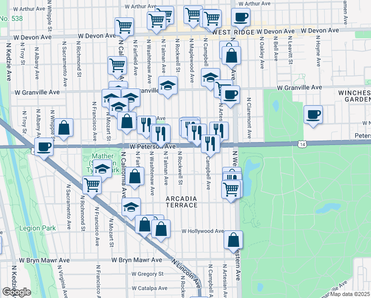 map of restaurants, bars, coffee shops, grocery stores, and more near 5927 North Rockwell Street in Chicago